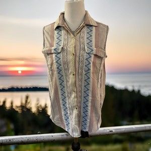 𝅺b Bronson Blouse Size M Button Down Double pockets sleeveless Cotton